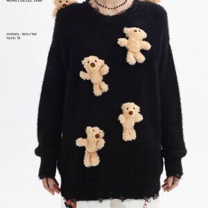 Chic Black Sweater with Teddy Bear Accents